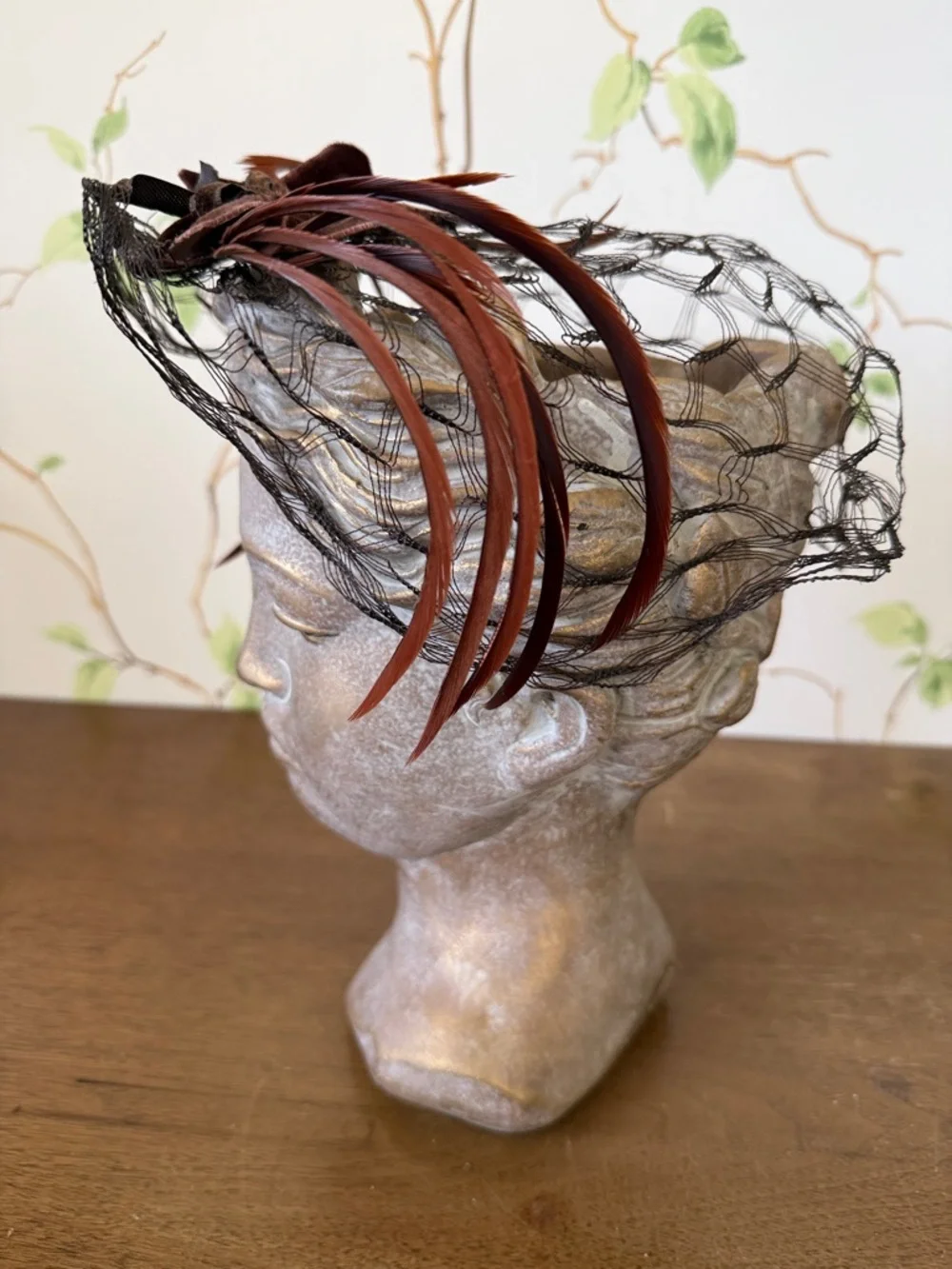 Vintage Brown Velvet Feather Flower Fascinator Hat Headpiece - Picture 8 of 11